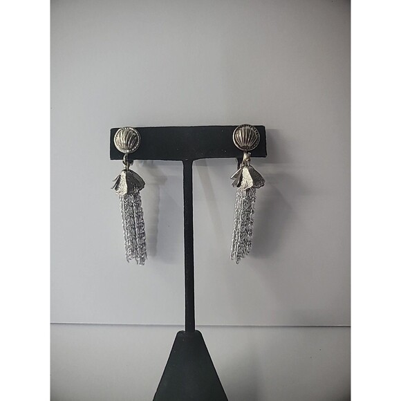Vintage Earrings Clip On Silver Tone Chain Tassels Drop Dangle Jewelry Costume - Picture 4 of 10